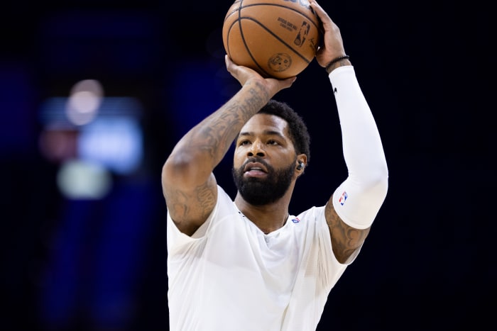 Nov 2, 2023; Philadelphia, Pennsylvania, USA; Philadelphia 76ers forward Marcus Morris Sr. before a game against the Toronto Raptors at Wells Fargo Center. Mandatory Credit: Bill Streicher-USA TODAY Sports